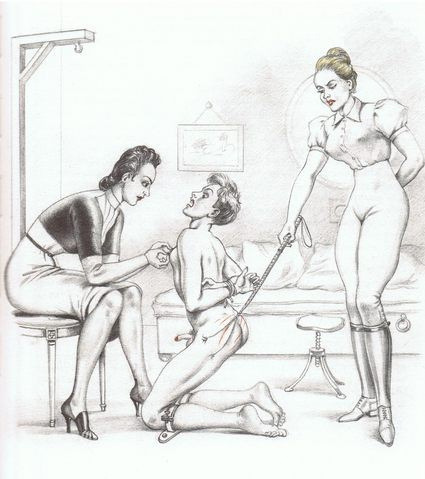 femdomstyle:  Nude boy disciplined. Drawing: Montorgueil. 