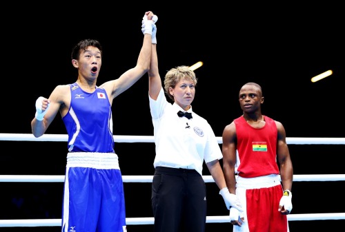   Satoshi Shimizu of Japan celebrates victory over Isaac Dogboe of Ghana during their Men’s Bantam Weight (56kg) bout on Day 1 of the London 2012 Olympic Games Photo by Scott Heavey/Getty Images  