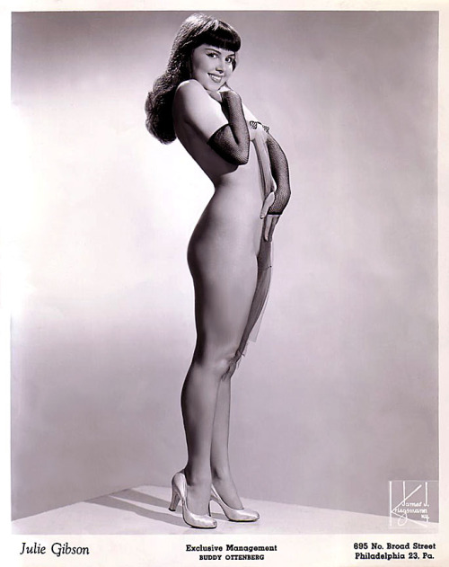 Julie Gibson    aka. “The Bashful Bride”..  Vintage 50’s-era promo photo depicting a classic pose.. Ms. Gibson was managed by Buddy Ottenberg, a part-owner of Philadelphia’s popular ‘WEDGE Club’; the venue where Julie performed