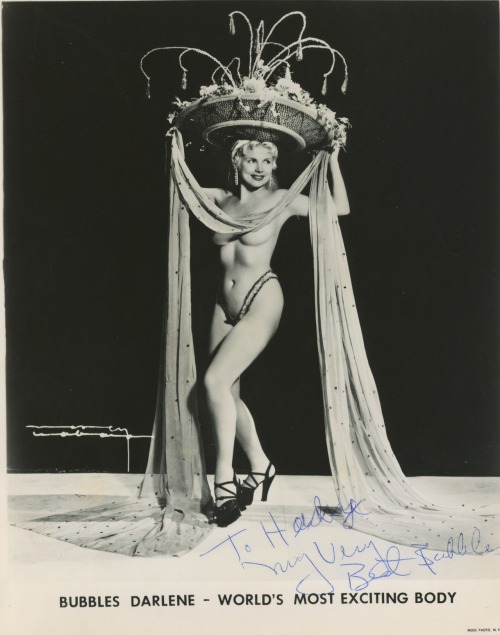 burlyqnell:   Bubbles Darlene    aka. “World’s Most Exciting Body”.. Vintage 50’s-era promo photo inscribed to Harry Sweet, a Burlesque nightclub owner..