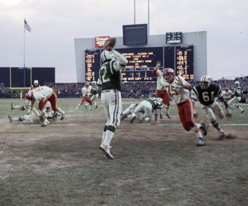 siphotos:  Jets quarterback Joe Namath attempts a pass during a Nov. 1969 game against the Chiefs at Shea Stadium. Kansas City, the eventual Super Bowl champion, would go onto win, 34-16. (Neil Leifer/SI) GALLERY: Rare Photos of Joe Namath 