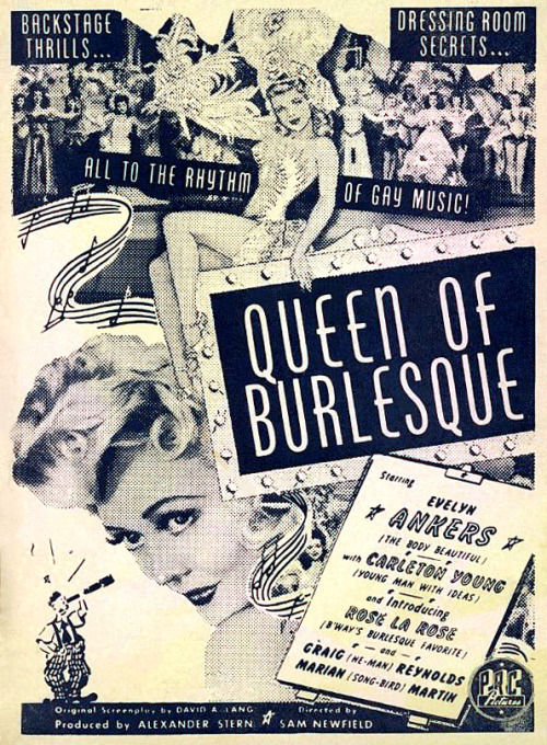 Small window poster for the 1946 movie entitled: “Queen of Burlesque”.. Rose la Rose played: “Blossom Terrain”, a burlesque dancer trying to reclaim her headliner status.. Image courtesy of the Janelle Smith collection..
