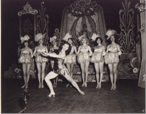 tapill:   Vintage 40’s-era photo featuring the chorus line onstage at the ‘FOLLIES Theatre’ in downtown Los Angeles.. Can’t identify any of the specific dancers, but the stage details are definitely familiar..