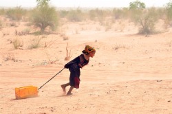 politics-war:A Malian refugee pulls a jerrican of water at the