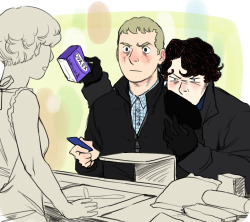  Sherlock hanging all over John at Tesco. Maybe deducing/insulting