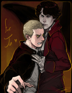 for lostconner !! fanart of vampire!Sherlock and werewolf!John