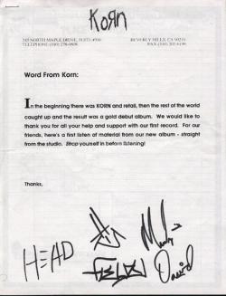 zingyvillain:  Korn’s letter to close friends, during the “Life