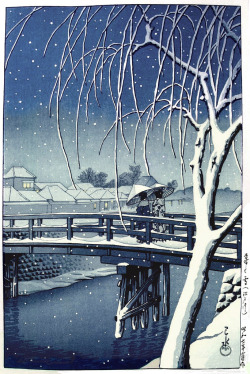 moika-palace:  Evening Snow at Edo River (1932) by Hasui Kawase.