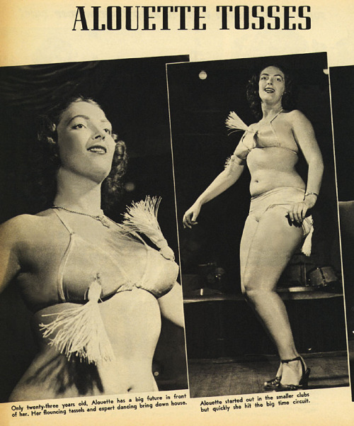 ALOUETTE TOSSES HER TASSELS! Alouette LeBlanc is featured in a pictorial appearing in the Spring ‘55 issue of ‘PIX Annual’ magazine..