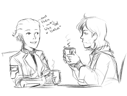 aaami:  quick doodle of shepard and liara drinking tea 