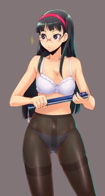 raisingheart2:  1girl amagi_yukiko black_eyes bra cleavage hairband