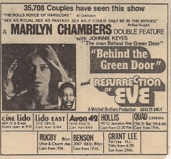 New York newspaper advertisement for the double feature of Behind the Green Door and Resurrection of Eve, 1973