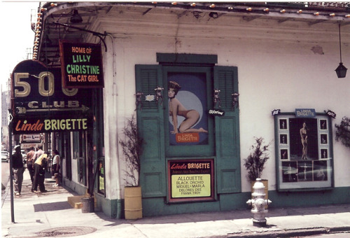 Vintage 60’s-era photo of Leon Prima’s ‘500 Club’ ; located at the corner of St. Louis and Bourbon Street in downtown New Orleans, Louisiana.. Linda Brigette can be seen advertised on the Lobby/Window posters. As well as Lilly Christine on the