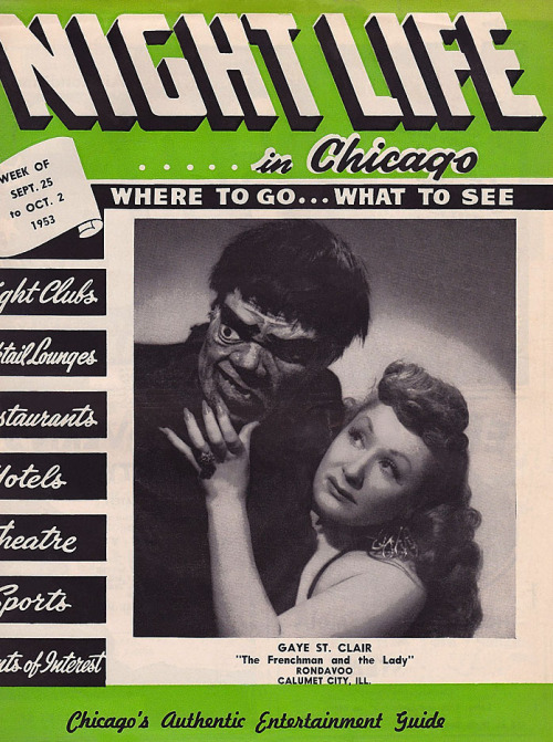 Gaye St. Clair is featured on the cover of ‘NIGHT LIFE in Chicago’; a free entertainment guide offered to tourists and travelling businessmen.. It promotes her appearance at the ‘RONDAVOO’ nightclub in notorious Calumet City..