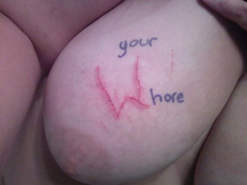 sir-letmebeyourgoodgirl:  Trying to incorporate the cut into body writingâ€¦my hand was shaking a bit so the hand writing isnâ€™t as pretty as it usually would beâ€¦oops.  Now that’s “flesh-scribe” quite literally.Â  Your Whore