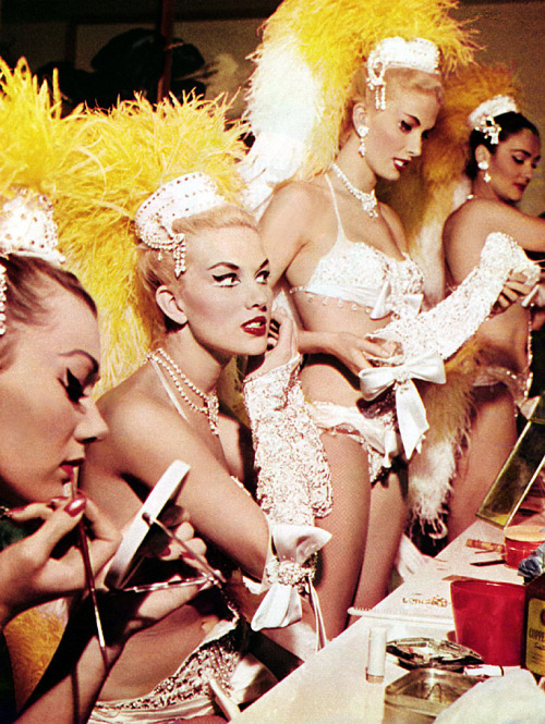 A bevy of showgirls at the ‘SAHARA’ casino prepare before another performance.. From an article on Las Vegas, scanned from the December ‘59 issue of ‘NUGGET’ magazine..