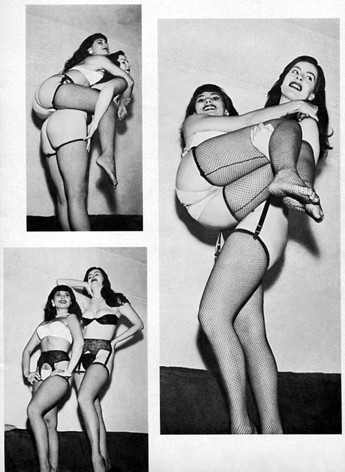 Men’s magazines from the 50’s-era loved accentuating how petite stripper Patti Waggin was, by shooting pictorials of her with very TALL showgirls! In this instance, it’s 6’ 3" Vallkyra.. You can see a previously-posted one