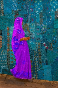 exoticana:  Woman walking past a tapestry, Jodphur, Rajasthan, India  I love strong colour contrasts in photos