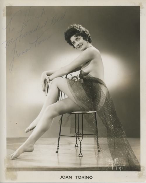 burlyqnell:   Joan Torino Vintage 50’s-era photo, personalized to Burly-Q autograph collector: Hirsh Cohen..  After retiring from burlesque, Joan moved to Hoboken, New Jersey. She opened a bar called “Redheads”, decorated using a Burlesq