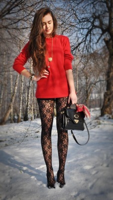 pantyhoseparty:  Black floral pantyhose and red sweater