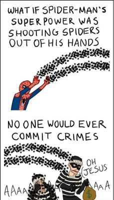 ruthlessamor: ayellowbirds:  punishandenslavesuckers:  There is a real actual Spiderman comic where he pretends this is his power and the bad guys drop their weapons and give up. XD And it makes me happy.Â   Here it is:   No one can ever say spiderman