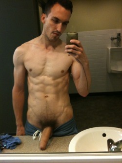 hot-naked-male-self-pics:  Lean, toned, smooth-chested hunk,