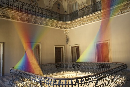 easy-to-love:  Gabriel Dawe created Plexis no. 19, a stunning thread installation thatâ€™s beautifully spread across two balconies in the atrium of a historic villa. The early 19th century neoclassic house, called Villa Olmo, was acquired in 1924 by the