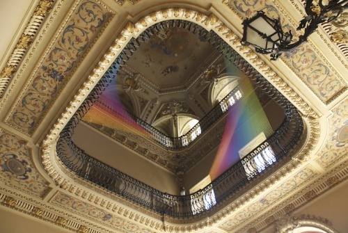 easy-to-love:  Gabriel Dawe created Plexis no. 19, a stunning thread installation thatâ€™s beautifully spread across two balconies in the atrium of a historic villa. The early 19th century neoclassic house, called Villa Olmo, was acquired in 1924 by the