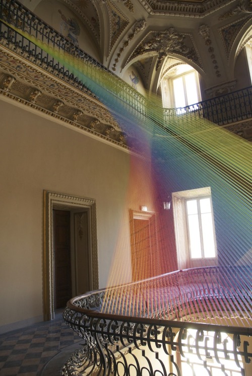 easy-to-love:  Gabriel Dawe created Plexis no. 19, a stunning thread installation thatâ€™s beautifully spread across two balconies in the atrium of a historic villa. The early 19th century neoclassic house, called Villa Olmo, was acquired in 1924 by the