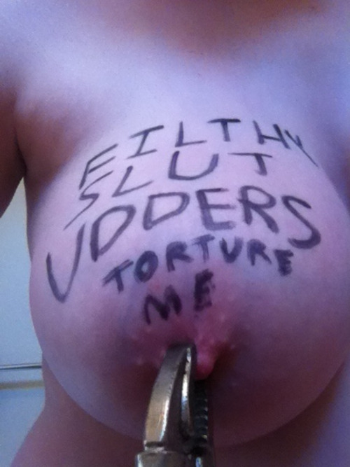 bigtitstoabuse: roughdirtysex:  Indeed, those udders are made to be tortured and theyâ€™ll get plenty of that, slave.“Filthy Slut Udders. Torture Me.”