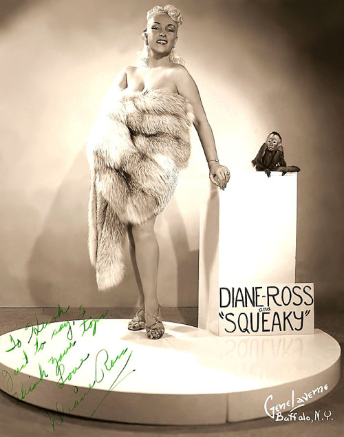 burleskateer: Diane Ross and her Monkey (“Squeaky”) Vintage 50’s-era promo photo personalized: “To Hirsh — Just to say I think your tops — Love, Diane Ross ”.. 