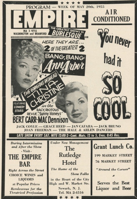 burlyqnell: May 20 - 1955 program ad for the ‘EMPIRE Burlesque Theatre’, featuring Ann “Bang Bang” Arbor.. And “The Gorgeous Redhead” Tina Christine..  Comedians Bert Carr and Mac Dennison make with the laughs.. 