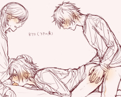 yaoi-ecstasy:  It’s 11:30pm. Why not a threesome. Artist: カチカチ