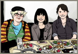 i drew me and my roommates at our anniversary dinner (from a