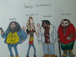 Sketch of Average Californians for a cartoon series, from left to right, Berkely, San Fransisco, Oakland, and Los Angeles.