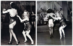 WHEN BURLY-Q MONKEYSHINES ENSUE ?.. Sugar Geise lifts the skirt of fellow dancer Elinor Troy at Hollywood&rsquo;s famous &lsquo;FLORENTINE GARDENS&rsquo; nightclub.. The accompanying text suggests this gag was spontaneous,&ndash; but it was more likely