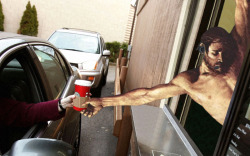 jesus-everywhere:  Jesus Serving Up A Morning Venti Half Caf