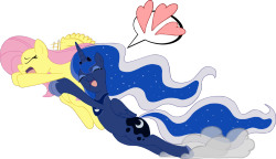 >luna giving fluttershy a hug while flutts tries to get away