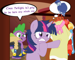 >Twilight preparing for her first date, while Spike is buried