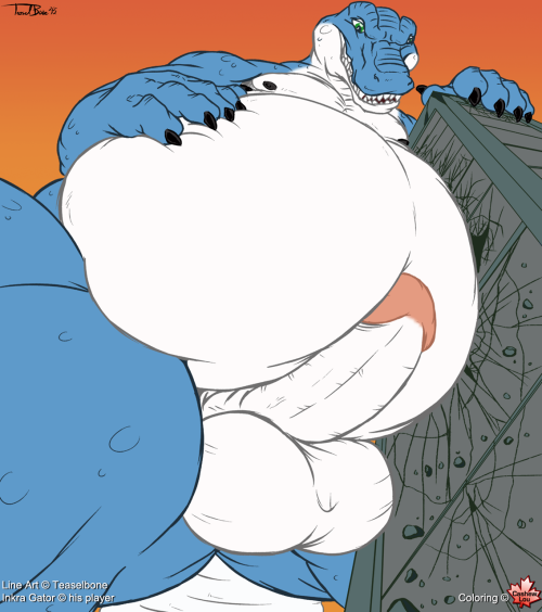 It looks like the growth potion was a rousing success, as Inkra’s massive belly crowds against a building! Many thanks to Teaselbone and Inkra Gator for allowing me to post the flat colors I put on this sketch.The original line art can be viewed