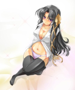 sieben002:  black hair cleavage dress shirt hair ribbon kurugaya