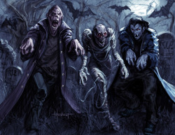 Gruesome threesome ~ by David Hudnut https://www.hudnutart.com/porthtml2/imghtml/ifantsy3/mstr101.htm