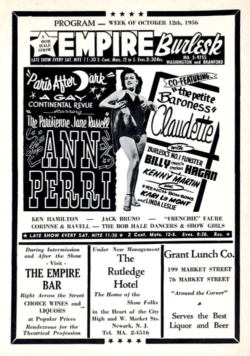 An October ‘56 program ad for the ‘EMPIRE Burlesk Theatre’, featuring: Ann Perri, Claudette, and “Burlesk’s No. 1 Funster”.. Billy “chees'n crackers” Hagan!