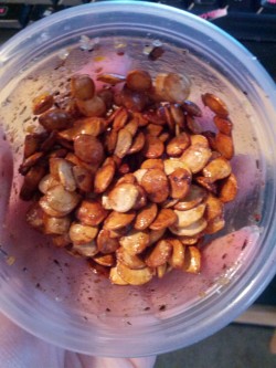 I roasted up some Delicata squash seeds today while my lunch