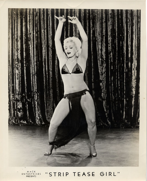 hidden-under-the-mattress: Joan BridgesPublicity still from the 1952 Burlesque film: “STRIP TEASE GIRL”;  produced by Sonney-Mack Enterprises.. The star of the film was a young  Tempest Storm.. 