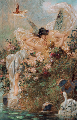 fleurdulys:Two Fairies Embracing in a Landscape with a Swan -
