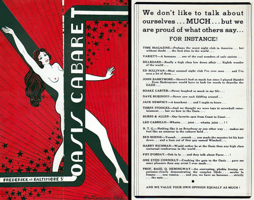 Featuring the Worst Shows in America,– But the Best Time in the World!.. Vintage 50’s-era cover design to the Menu program at the infamous ‘OASIS Cabaret’ nightclub; which was located in a basement at the corner of Baltimore and Frederick