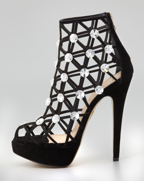 sexydesignershoes:  Charlotte Olympia - Galaxy Crystal Webbed Ankle Boot Web cage with Swarovski® crystals at intersection.5 1/2” covered heel; 1 1/4” covered platform; 4 1/4” equiv. http://www.neimanmarcus.com/  For my slave. She will be nicely