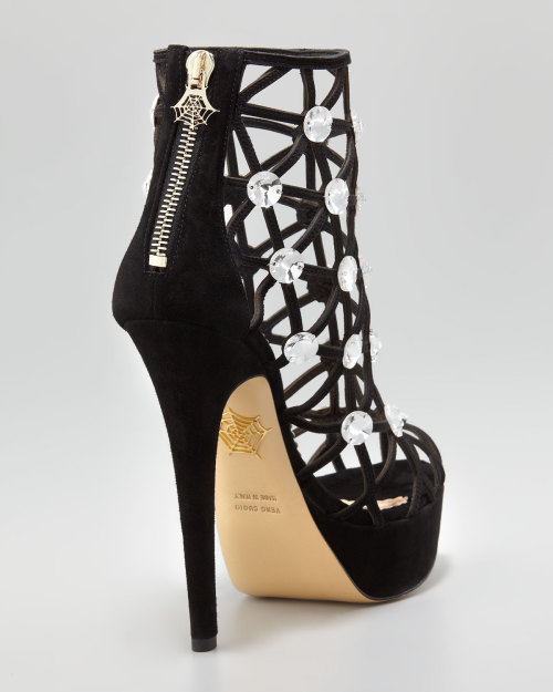 sexydesignershoes:  Charlotte Olympia - Galaxy Crystal Webbed Ankle Boot Web cage with Swarovski® crystals at intersection.5 1/2” covered heel; 1 1/4” covered platform; 4 1/4” equiv. http://www.neimanmarcus.com/  For my slave. She will be nicely