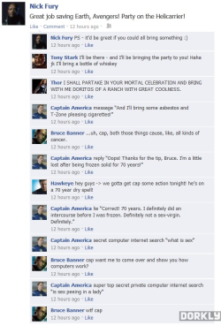 dorkly:  The Avengers Celebrate Their Victory On Facebook